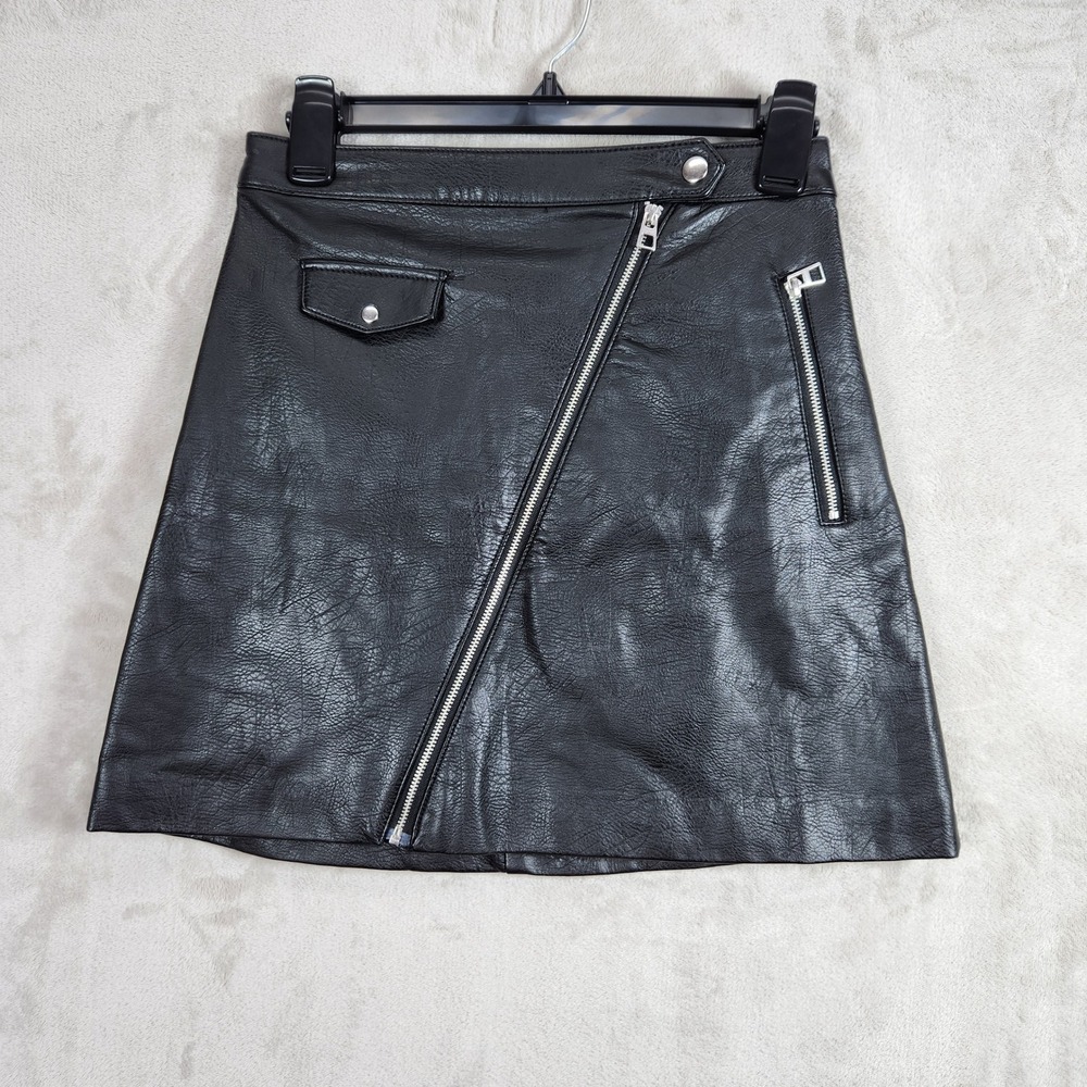 H&M Divided Faux Leather Skirt Women 2 Black Moto Zipper Mini Edgy Rocker Gothic